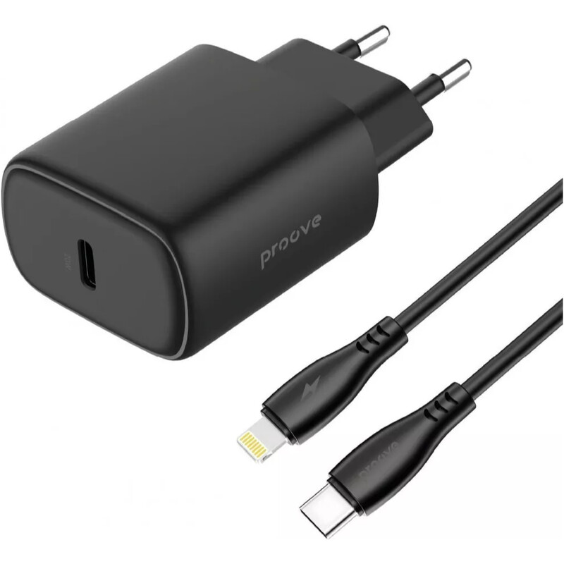 Мережевий зарядний пристрій Proove Silicone Power 2 (1USB-C) 20W Black (WCSP22010001) + кабель USB Type-C 1 м Lightning