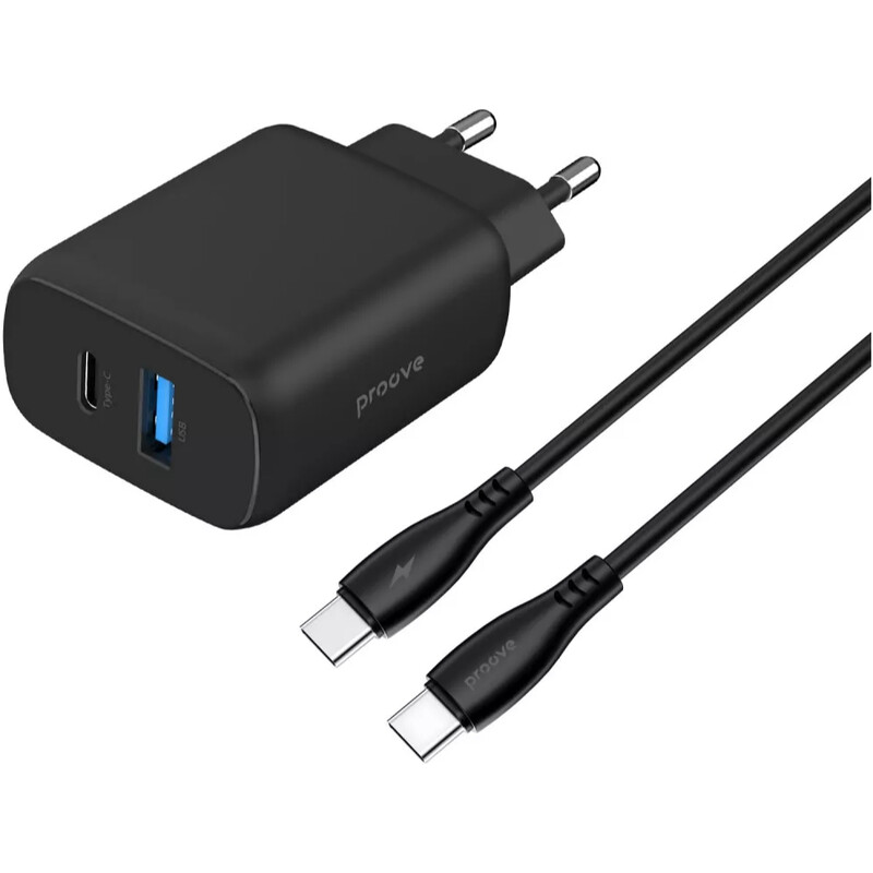 Мережевий зарядний пристрій Proove Silicone Power 2 (1USB-C, 1USB) 30W Black (WCSP23011001) + кабель USB Type-C 1 м