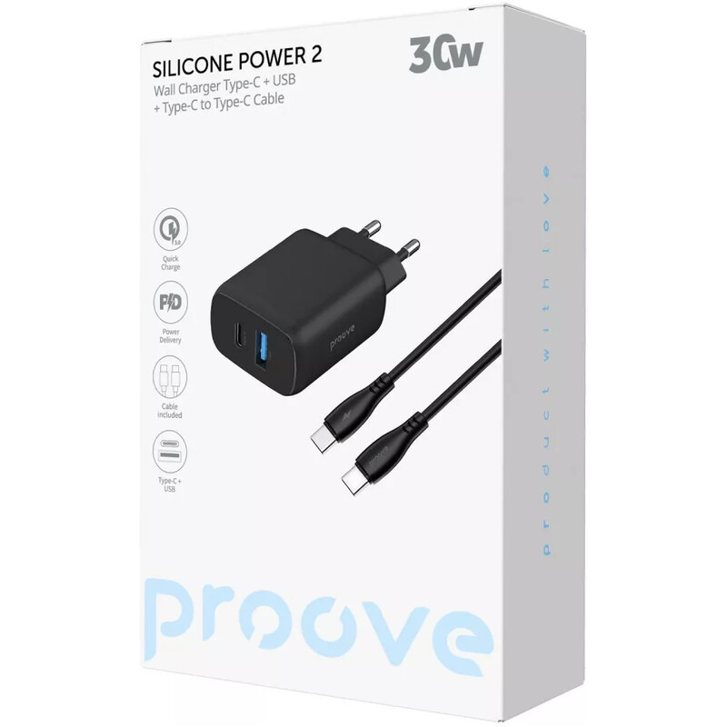 Мережевий зарядний пристрій Proove Silicone Power 2 (1USB-C, 1USB) 30W Black (WCSP23011001) + кабель USB Type-C 1 м