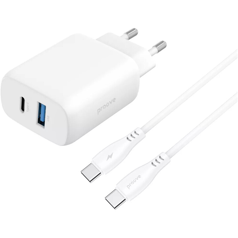 Мережевий зарядний пристрій Proove Silicone Power 2 (1USB-C, 1USB) 30W White (WCSP23011002) + кабель USB Type-C 1 м