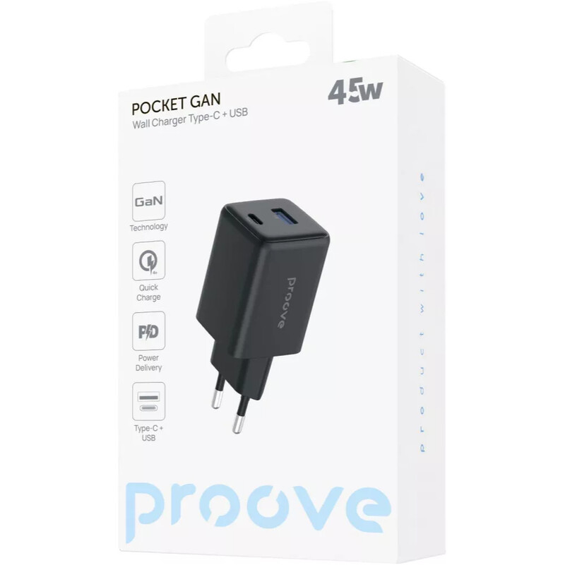 Мережевий зарядний пристрій Proove Pocket GaN (1USB-C, 1USB) 45W Black (WCPG45110001)