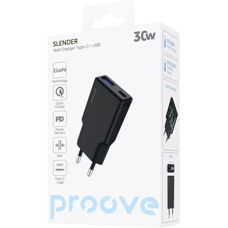 Мережевий зарядний пристрій Proove Slender (1USB-C, 1USB) 30W Black (WCSL30110001)
