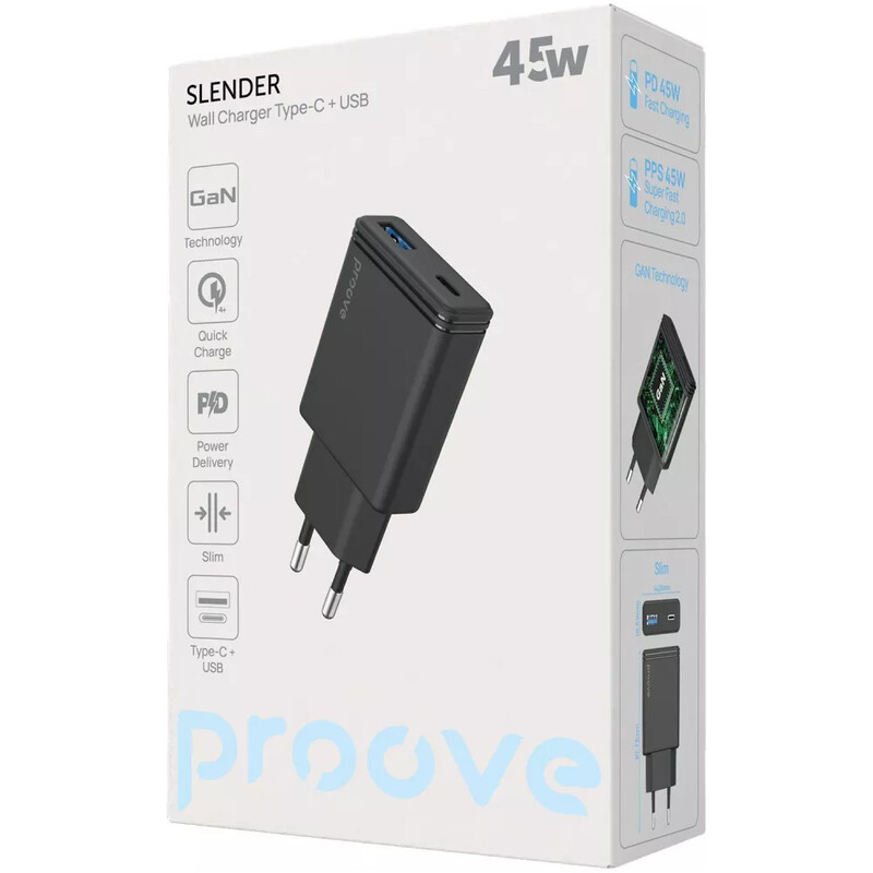 Мережевий зарядний пристрій Proove Slender (1USB-C, 1USB) 45W Black (WCSL45110001)