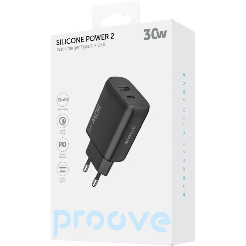 Мережевий зарядний пристрій Proove Silicone Power 2 (1USB-C, 1USB) 30W Black (WCSP23110001)