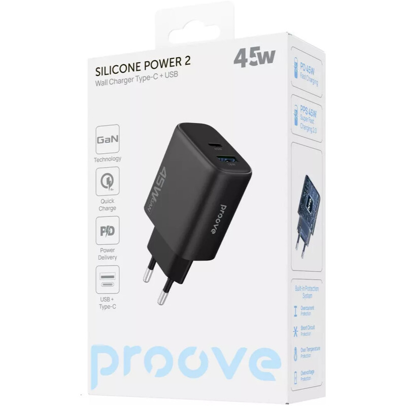 Мережевий зарядний пристрій Proove Silicone Power 2 (1USB-C, 1USB) 45W Black (WCSP24110001)