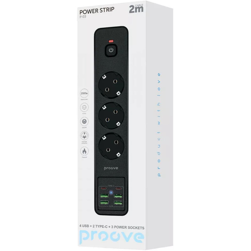 Фільтр живлення Proove Power Socket P-03 3 розетки, 4USB + 2USB-C, 2500W, 2 м, Black (PSP342420001)