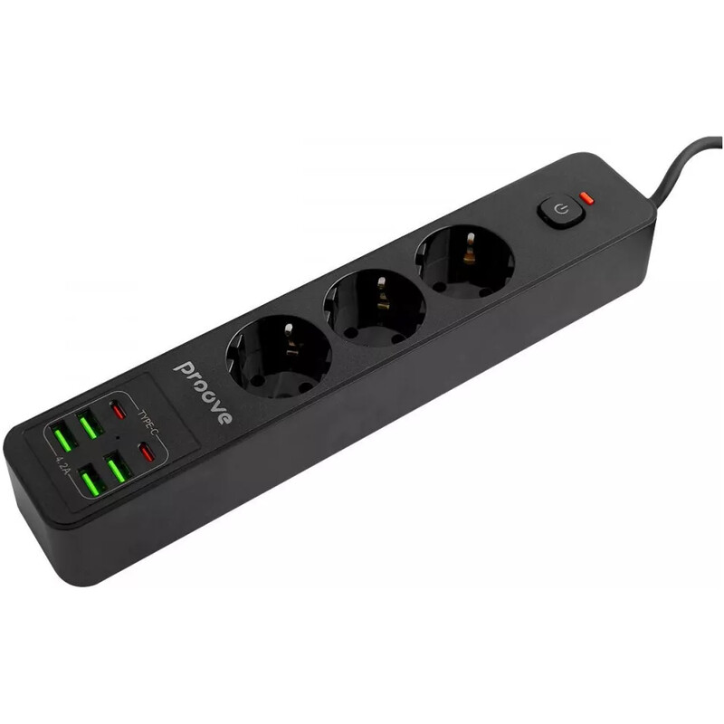 Фільтр живлення Proove Power Socket P-03 3 розетки, 4USB + 2USB-C, 2500W, 2 м, Black (PSP342420001)
