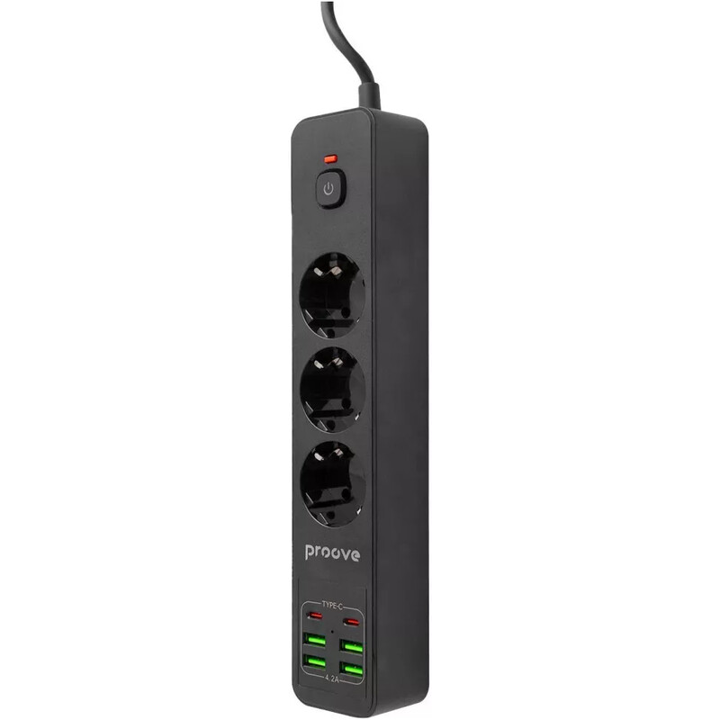 Фільтр живлення Proove Power Socket P-03 3 розетки, 4USB + 2USB-C, 2500W, 2 м, Black (PSP342420001)