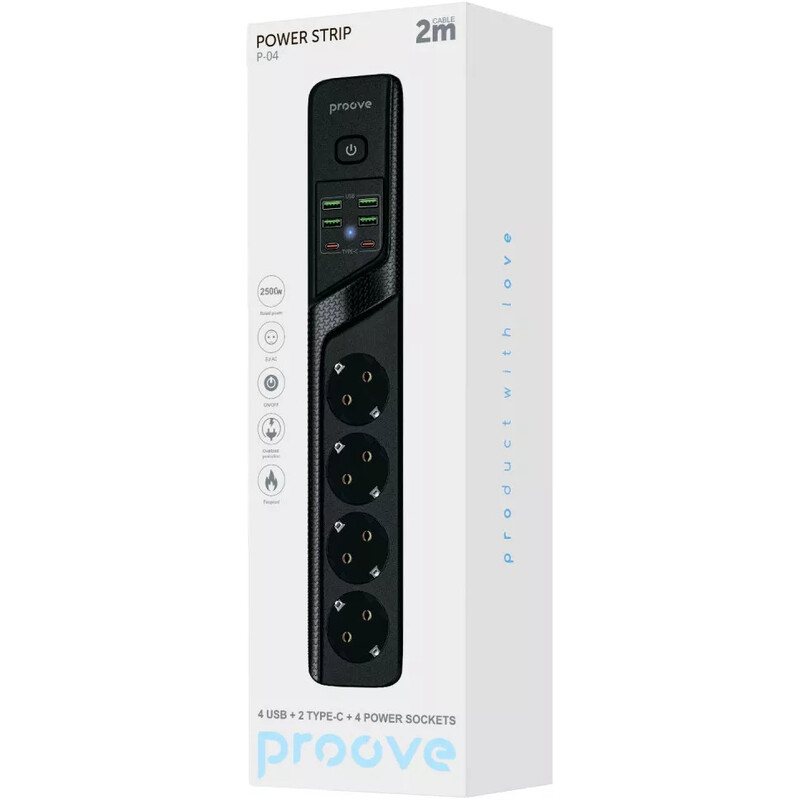 Фільтр живлення Proove Power Socket P-04 4 розетки, 4USB + 2USB-C (2500W), 2 м, Black (PSP442420001)