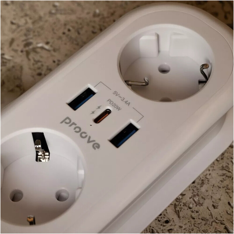 Фільтр живлення Proove Supercoil (2 розетки, 2USB + 1USB-C) 20W, 1,5 м, White (PSPS25002102)