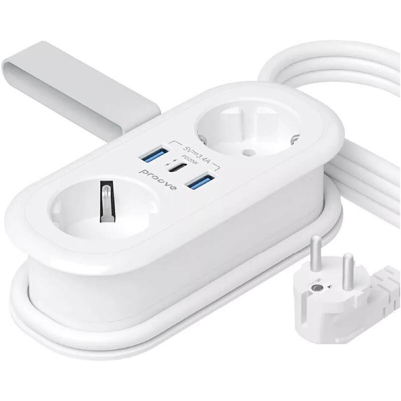 Фільтр живлення Proove Supercoil (2 розетки, 2USB + 1USB-C) 20W, 1,5 м, White (PSPS25002102)
