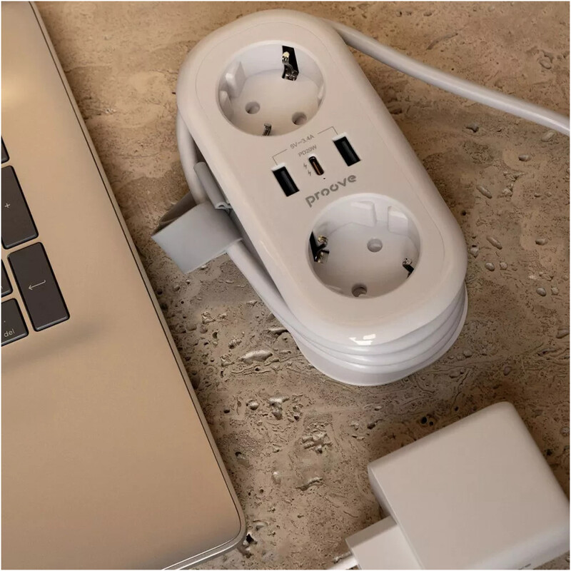 Фільтр живлення Proove Supercoil (2 розетки, 2USB + 1USB-C) 20W, 1,5 м, White (PSPS25002102)