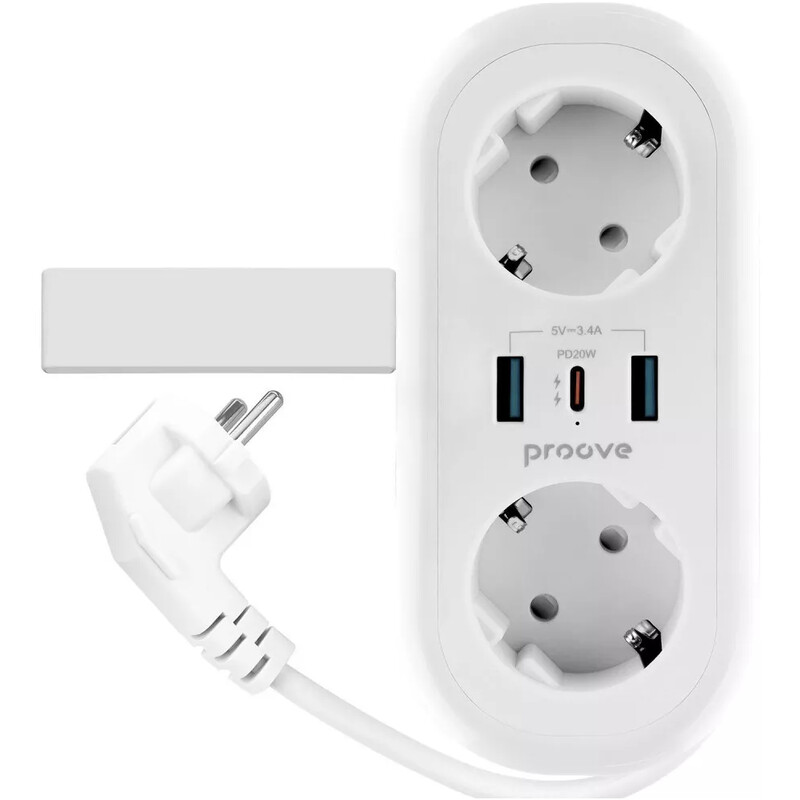 Фільтр живлення Proove Supercoil (2 розетки, 2USB + 1USB-C) 20W, 1,5 м, White (PSPS25002102)