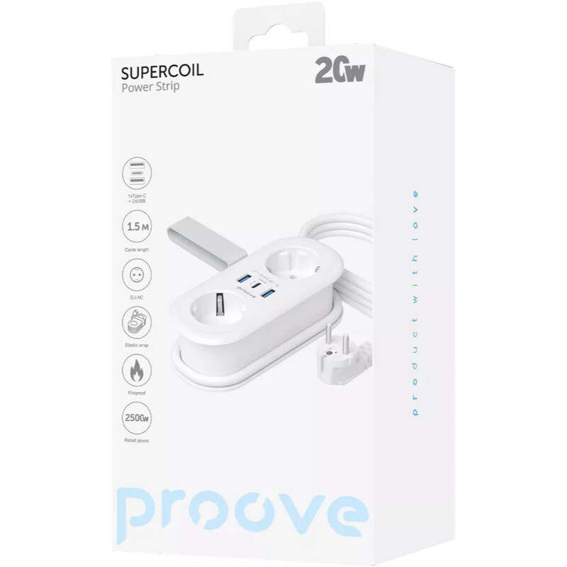 Фільтр живлення Proove Supercoil (2 розетки, 2USB + 1USB-C) 20W, 1,5 м, White (PSPS25002102)