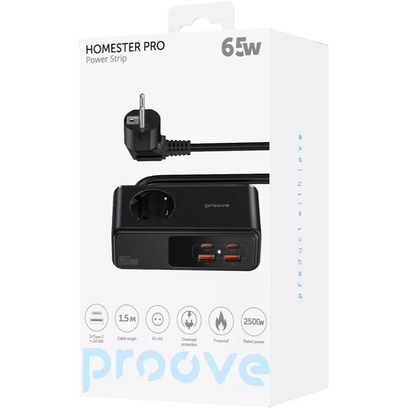 Фільтр живлення Proove Homester Pro 1 розетка, 2USB + 2USB-C (65W), 1,5 м, Black (PSHP25002201)