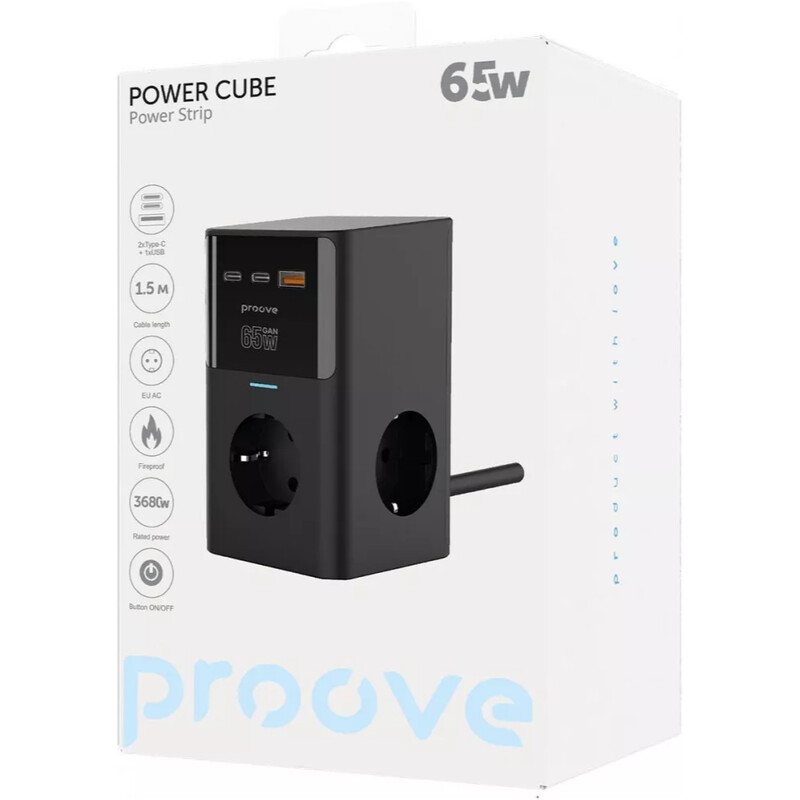 Фільтр живлення Proove Power Cube 3 розетки, 1USB + 2USB-C (65W), 1,5 м, Black (PSPC36801201)