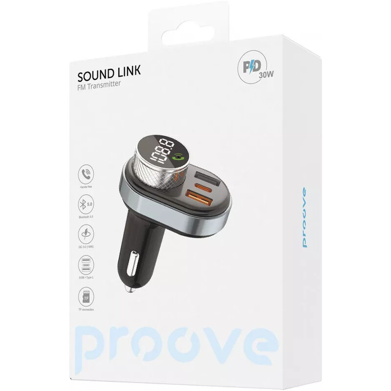 Автомобільний зарядний пристрій + FM-трансмітер Proove FM Launcher Sound Link 30W PD + QC3.0 Type-C + USB Black (FMSL30110001)