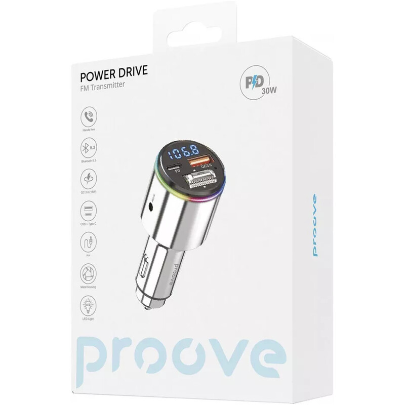 Автомобільний зарядний пристрій + FM-трансмітер Proove FM Launcher Power Drive 2xUSB + Type-C 30W Silver (FMPD30110006)