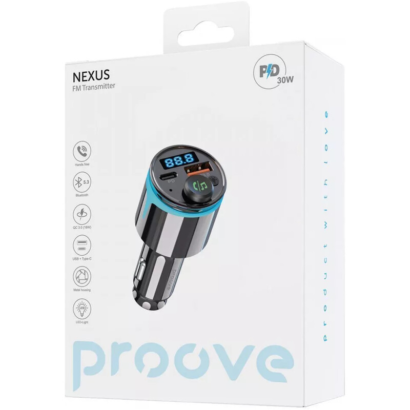 Автомобільний зарядний пристрій + FM-трансмітер Proove FM Launcher Nexus 2xUSB + Type-C 30W Black (FMNX30110001)