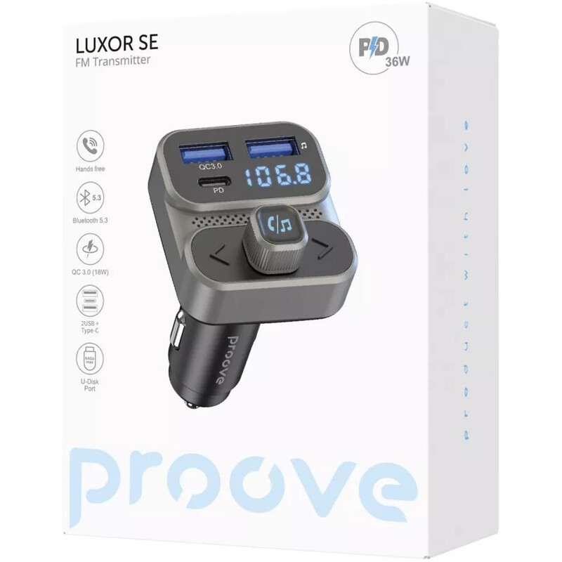 Автомобільний зарядний пристрій + FM-трансмітер Proove FM Launcher Luxor SE 2xUSB + Type-C 36W Gray (FMLX20120003)