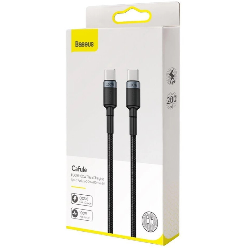 Кабель Baseus Cafule Flash Charging USB Type-C - USB Type-C (M/M), PD 2.0, 100W, 2 м, Grey/Black (CATKLF-ALG1)