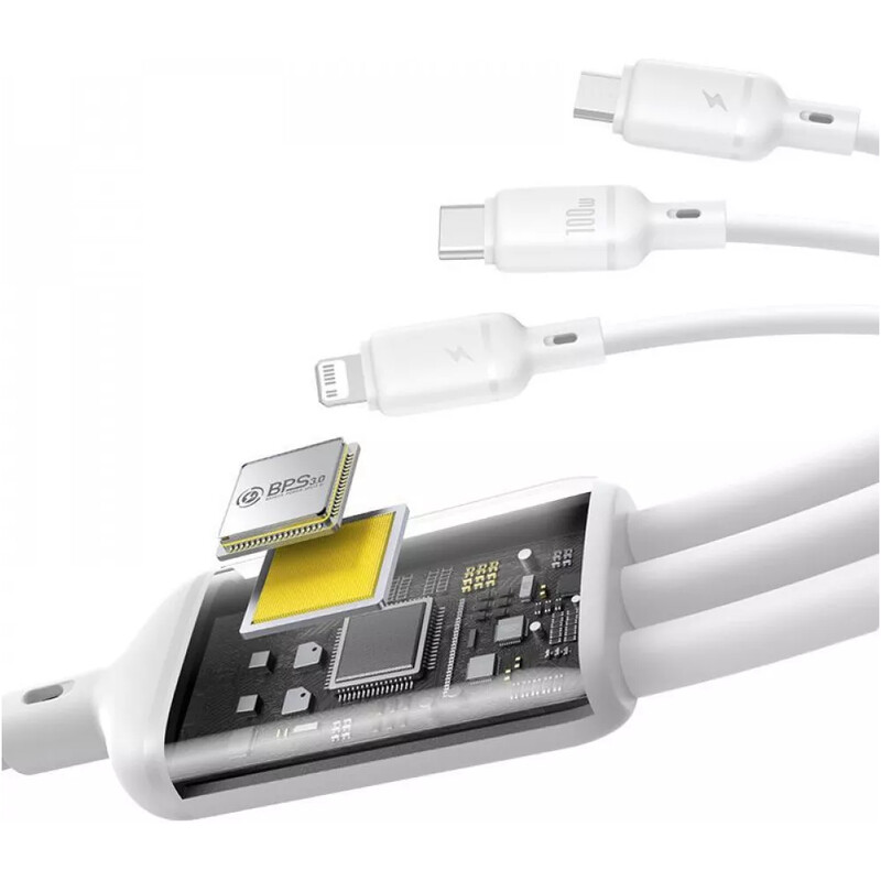 Кабель Baseus Silky One-for-Three Fast Charging USB Type-A - micro USB + Lightning + USB Type-C (M/M), 100W, 1.5 м, White (P10377705213-00)