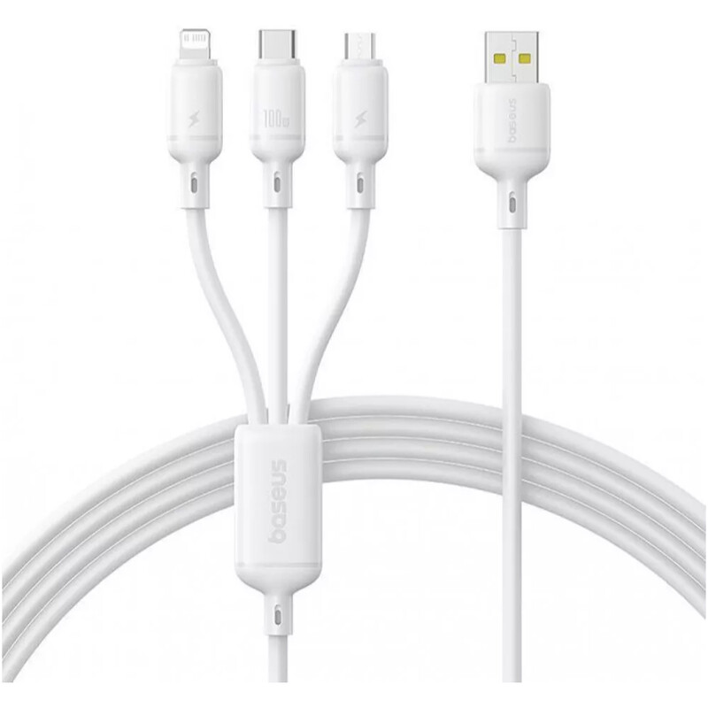 Кабель Baseus Silky One-for-Three Fast Charging USB Type-A - micro USB + Lightning + USB Type-C (M/M), 100W, 1.5 м, White (P10377705213-00)