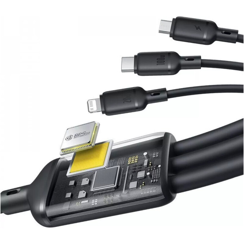 Кабель Baseus Silky One-for-Three Fast Charging USB Type-C - micro USB + Lightning + USB Type-C (M/M), 100W, 1.5 м, Black (P10377706123-00)