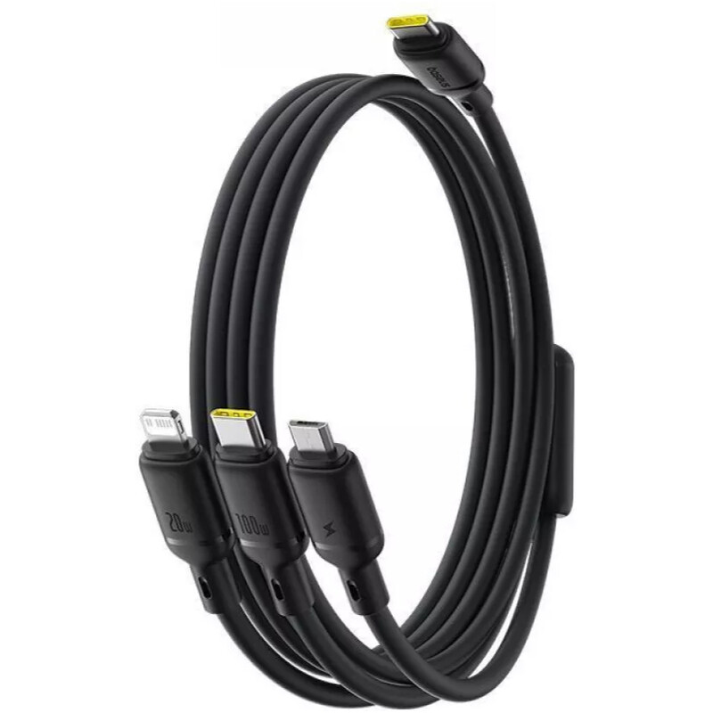 Кабель Baseus Silky One-for-Three Fast Charging USB Type-C - micro USB + Lightning + USB Type-C (M/M), 100W, 1.5 м, Black (P10377706123-00)