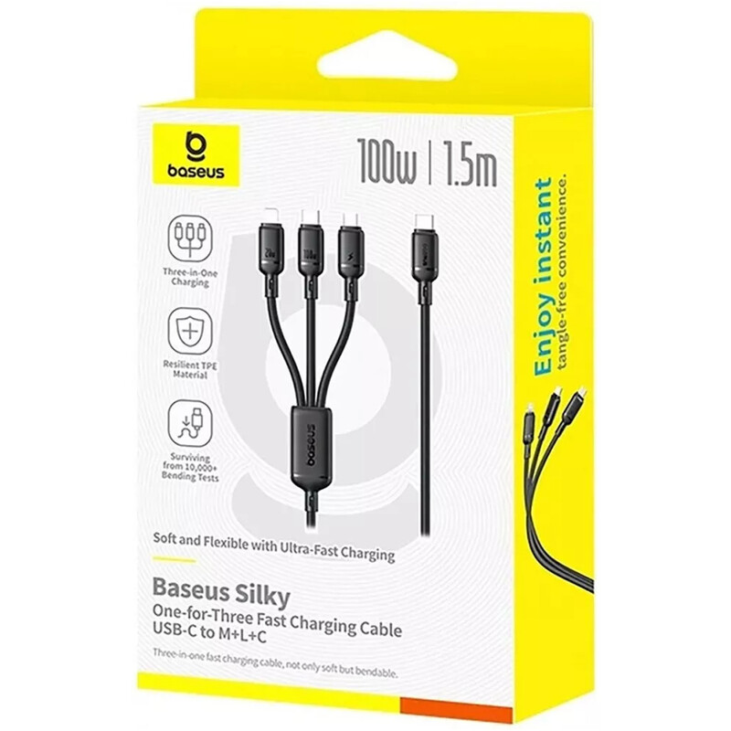 Кабель Baseus Silky One-for-Three Fast Charging USB Type-C - micro USB + Lightning + USB Type-C (M/M), 100W, 1.5 м, Black (P10377706123-00)
