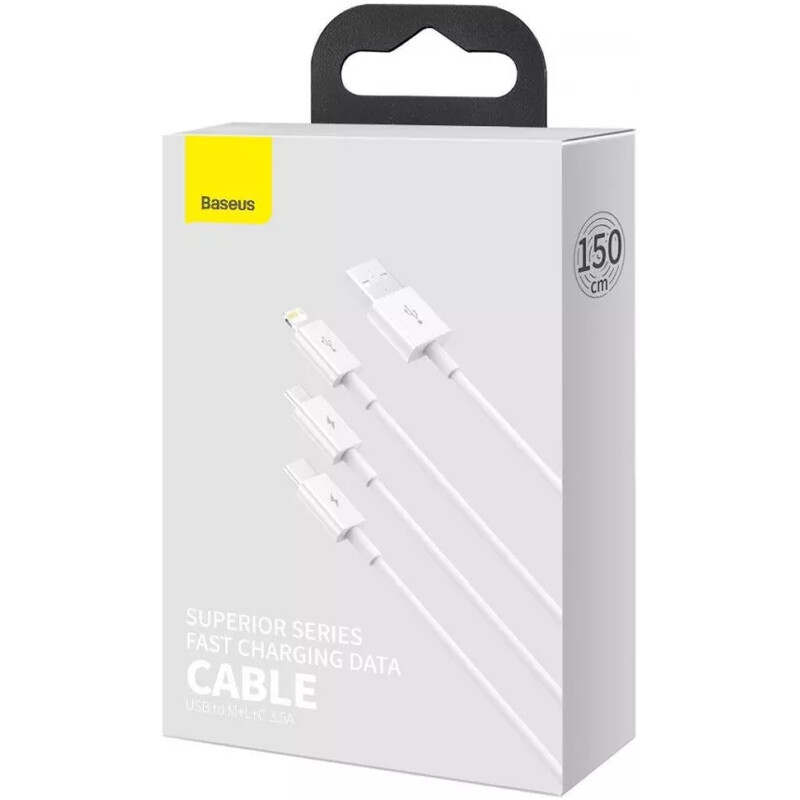 Кабель Baseus Superior Series Fast Charging 3-in-1 USB Type-A - micro USB + Lightning + USB Type-C (M/M), 3.5А, 1.5 м, White (CAMLTYS-02)