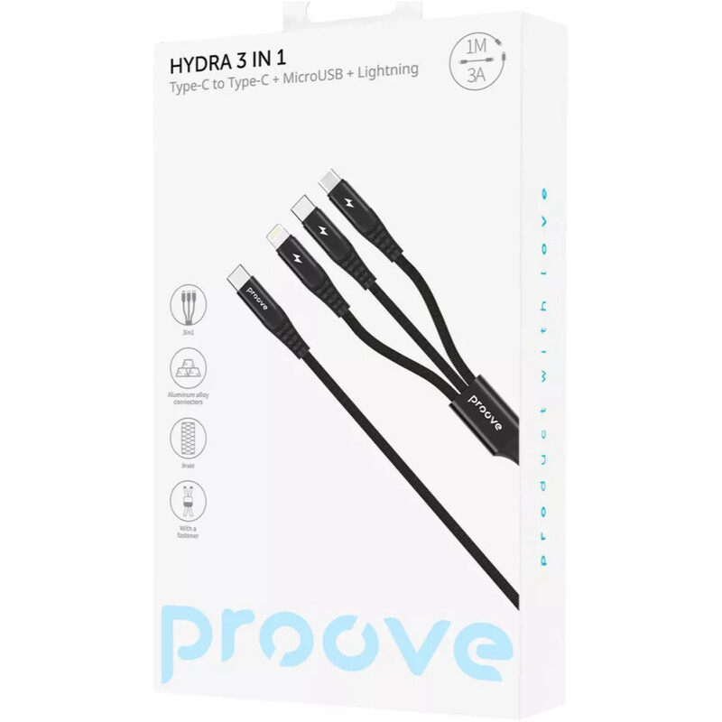 Кабель Proove Hydra 3 in 1 USB Type-C to Type-C + Micro USB + Lightning 15W 1 м, Black (CCHY15012101)