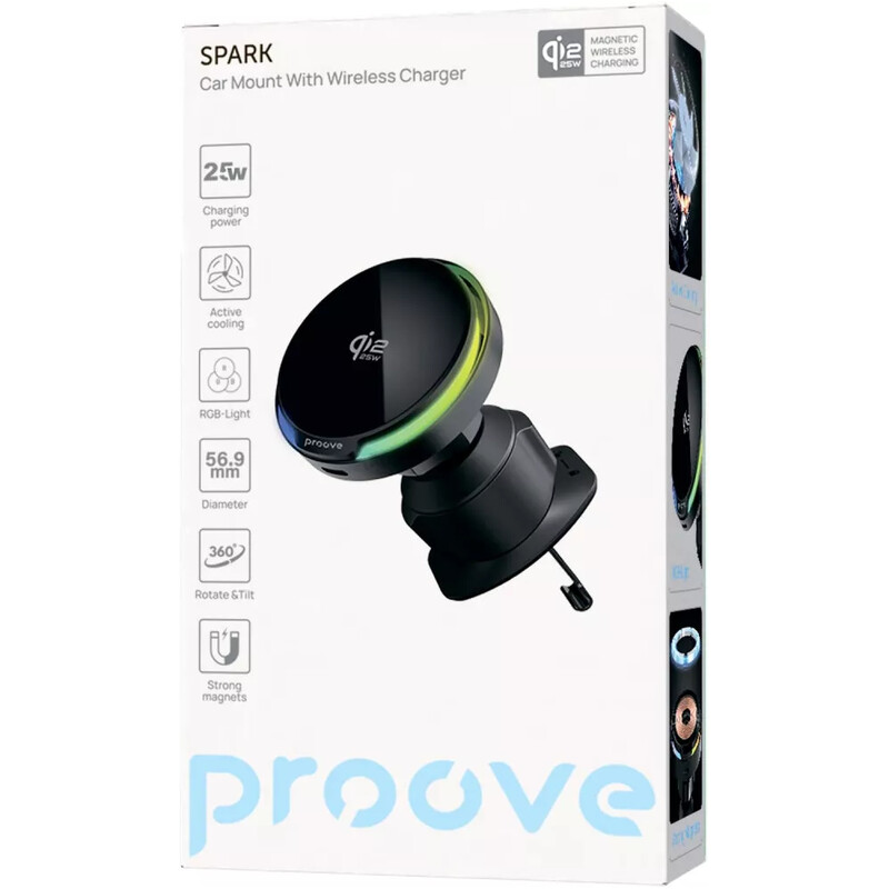Тримач автомобільний+бездротове ЗУ Proove Spark Qi2.2 25W Black (WHSQ25002001)