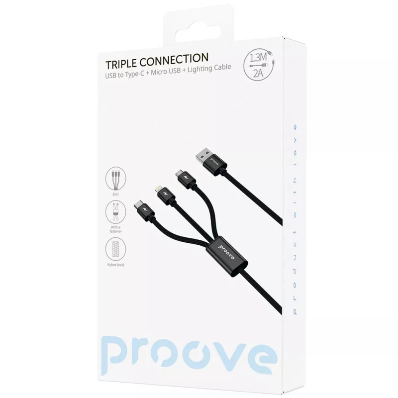 Кабель Proove Triple Connection USB Type-A - Lightning + micro USB + USB Type-C (M/M), 10W, 1.3 м, Black (CCTC15001501)