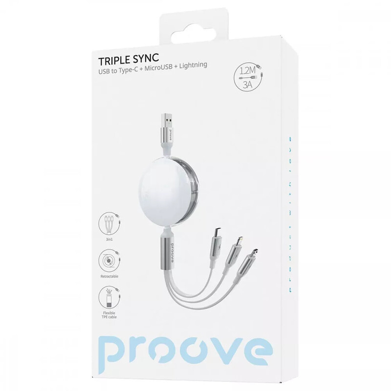 Кабель Proove Triple Sync USB Type-A - Lightning + micro USB + USB Type-C (M/M), 10W, 1.2 м, White (CCTS20001502)