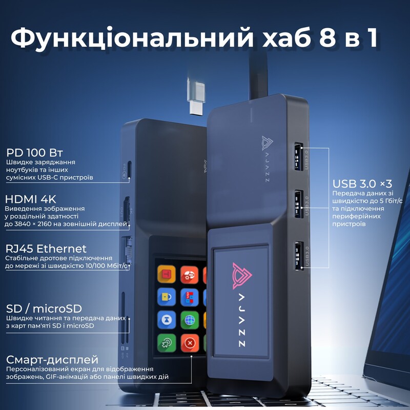 USB-хаб Ajazz USB Type-C с дисплеем HDMI 4K PD 100 Вт (AKP01E-B)