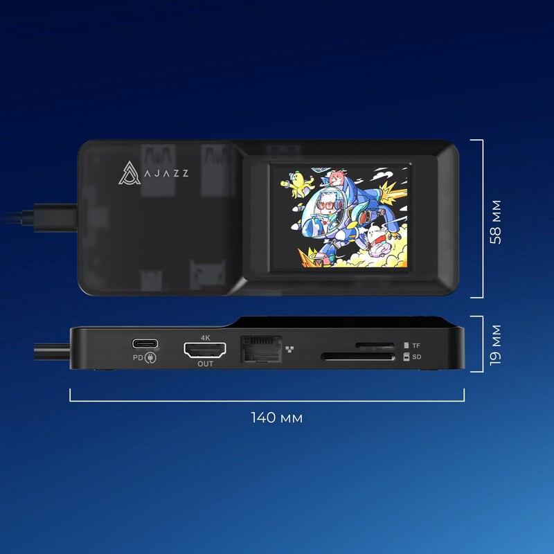 USB-хаб Ajazz USB Type-C с дисплеем HDMI 4K PD 100 Вт (AKP01E-B)