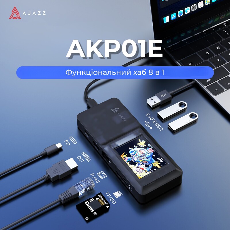 USB-хаб Ajazz USB Type-C с дисплеем HDMI 4K PD 100 Вт (AKP01E-B)