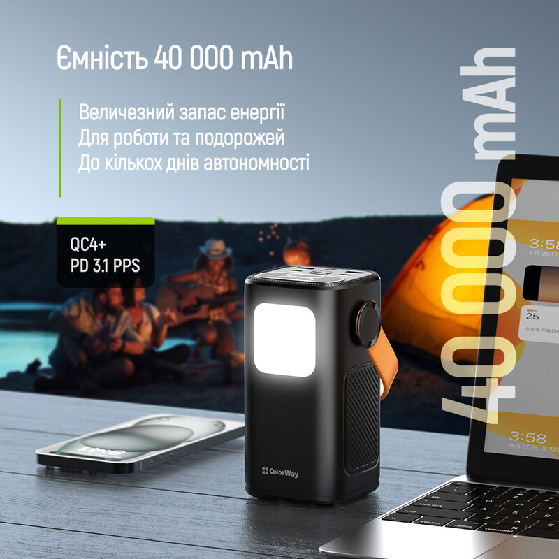 Универсальная мобильная батарея ColorWay 40000mAh NightWork (USB QC4.0 + USB-C PD65W) Black (CW-PB400LP06BK)