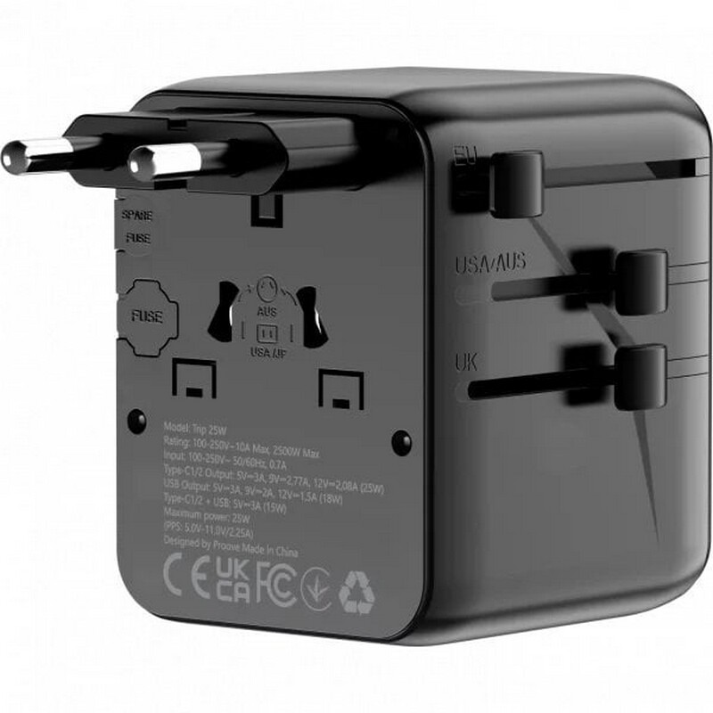 Універсальний адаптер Proove 1, 3A, 2xUSB-A, 1xUSB-C, чорний (TATL25310001)