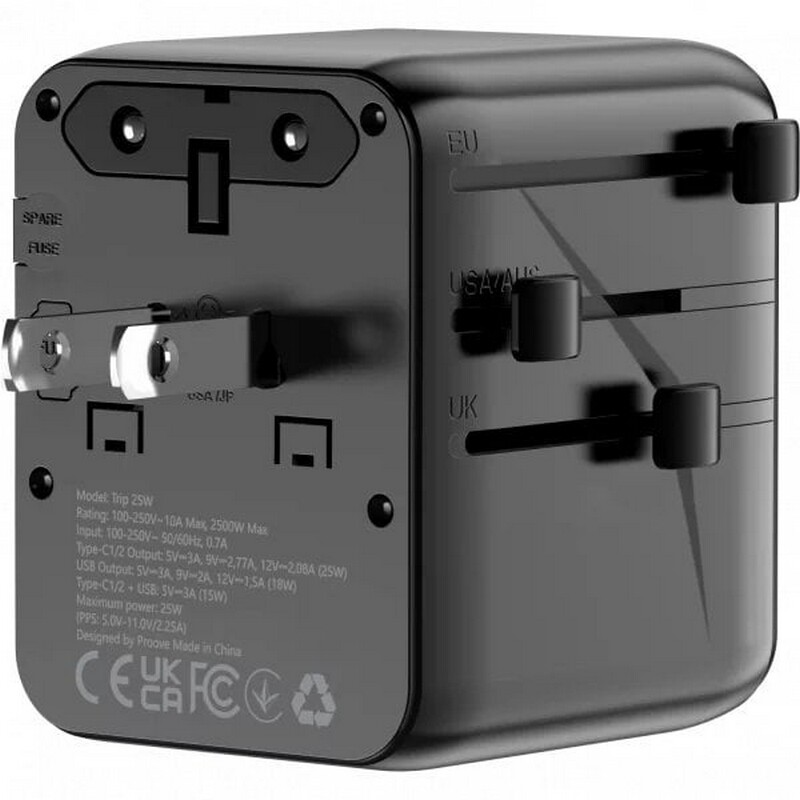 Універсальний адаптер Proove 1, 3A, 2xUSB-A, 1xUSB-C, чорний (TATL25310001)