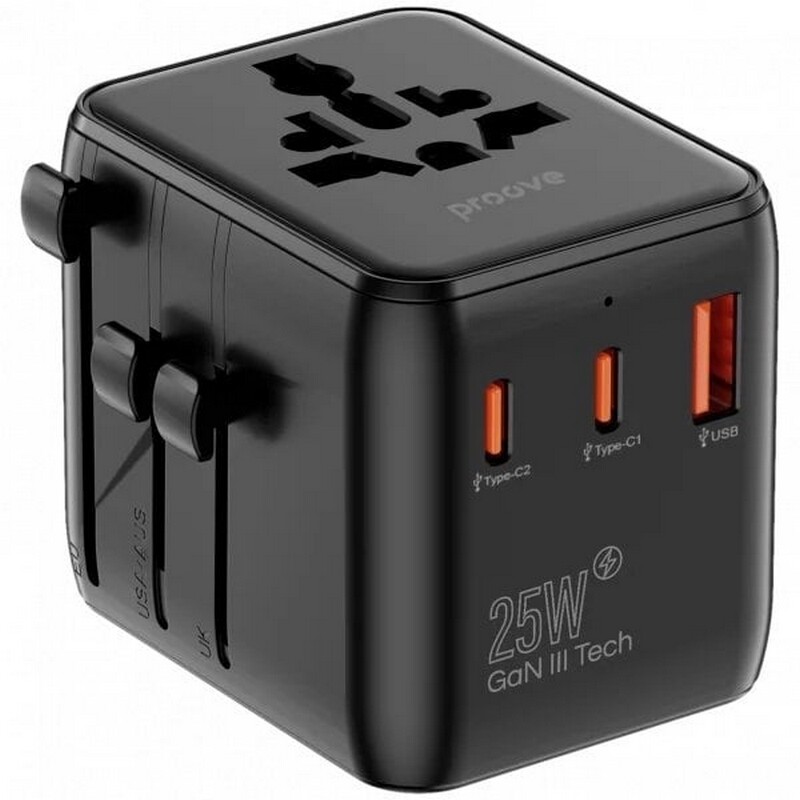 Універсальний адаптер Proove 1, 3A, 2xUSB-A, 1xUSB-C, чорний (TATL25310001)