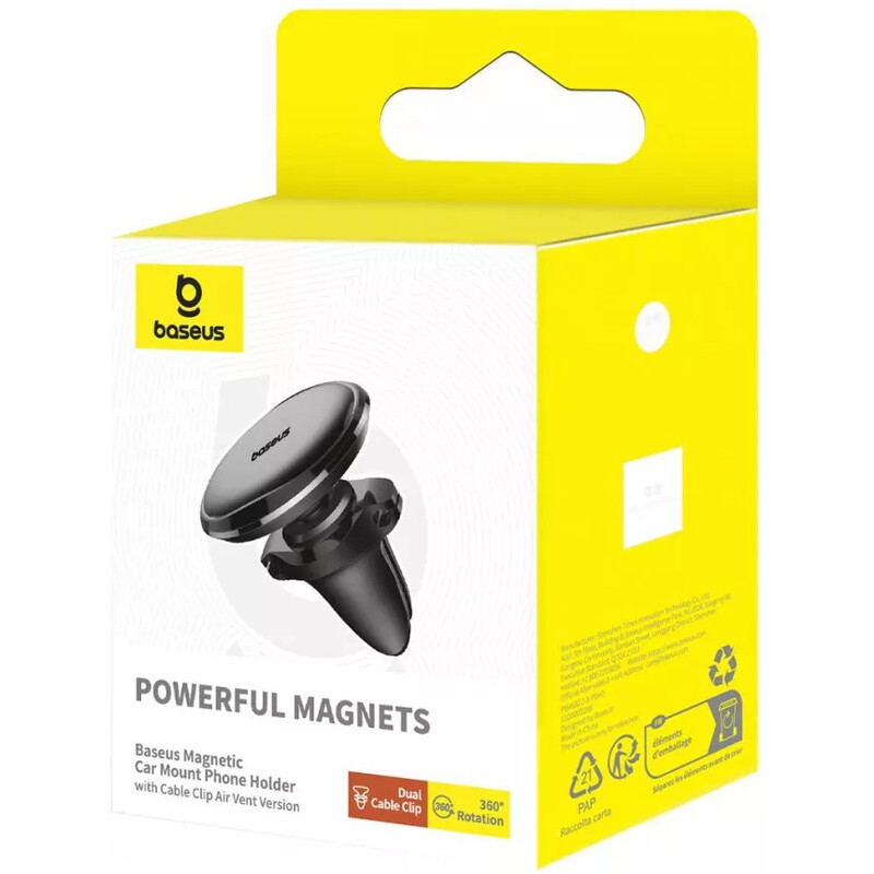 Держатель автомобильный для смартфона Baseus Magnetic Air Vent Car Mount Holder with Cable Clip Black (C40141201113-00)
