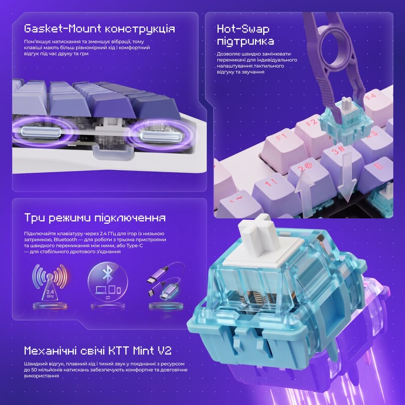 Клавиатура беспроводная Proove Gaming Rampage Gradient Purple/White