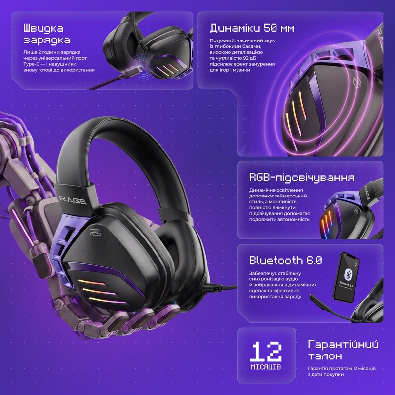 Bluetooth-гарнітура Proove Gaming Rage (APP) White/Purple (WHRG00020002)