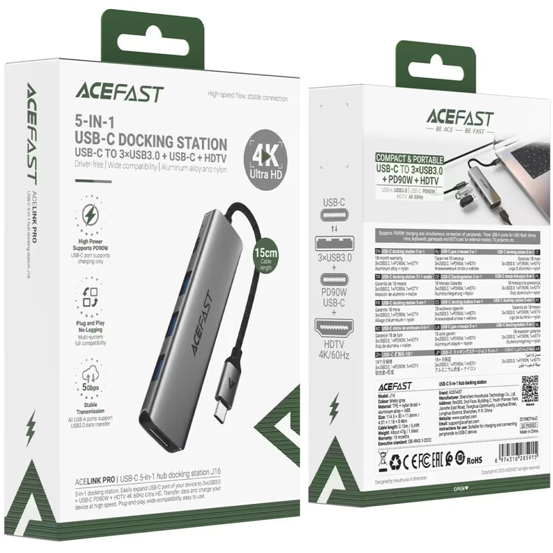 USB-хаб Acefast J16 USB Type-C 5-в-1 (6974316285915)
