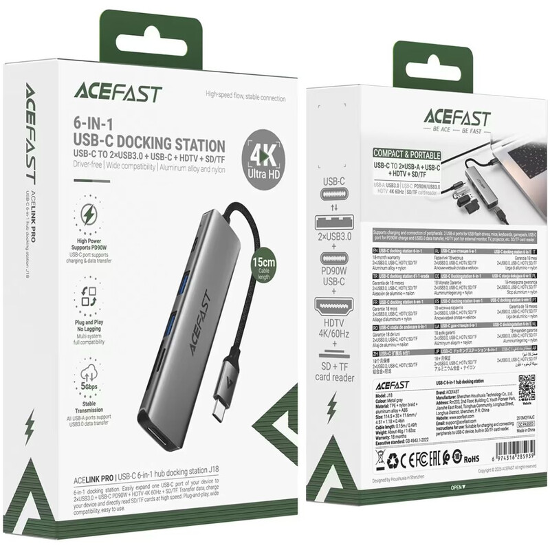 USB-хаб Acefast J18 USB Type-C 6-в-1 (6974316285939)