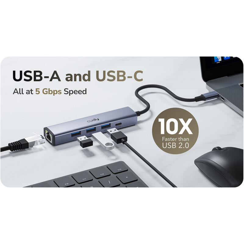 USB-хаб Cudy 5-in-1 USB 3.0 Type-C - 3xUSB, USB-C, RJ-45 (UH605)