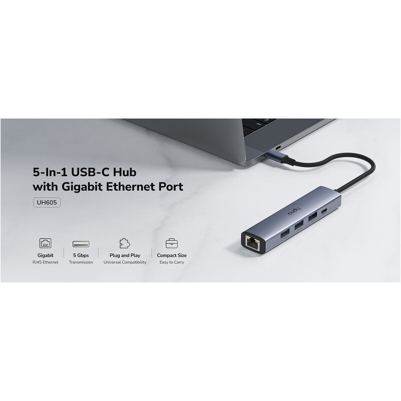 USB-хаб Cudy 5-in-1 USB 3.0 Type-C - 3xUSB, USB-C, RJ-45 (UH605)