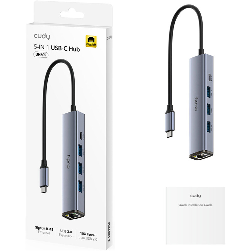 USB-хаб Cudy 5-in-1 USB 3.0 Type-C - 3xUSB, USB-C, RJ-45 (UH605)